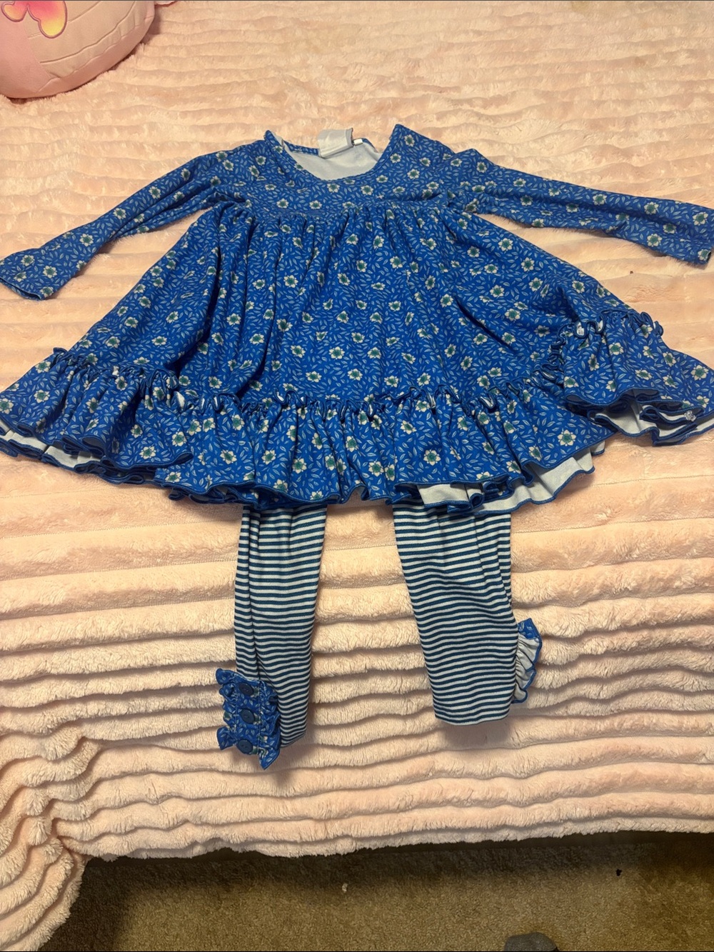 Blue Floral Ruffle Dress & Striped Leggings Set for Kids